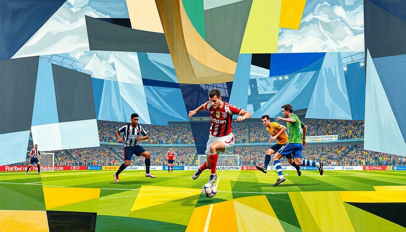 A cubist, multi-perspective painting breaking down a soccer match between two teams into sharp, overlapping geometric shapes and planes, conceptually representing the tension and importance of the draw for Portsmouth's survival hopes.