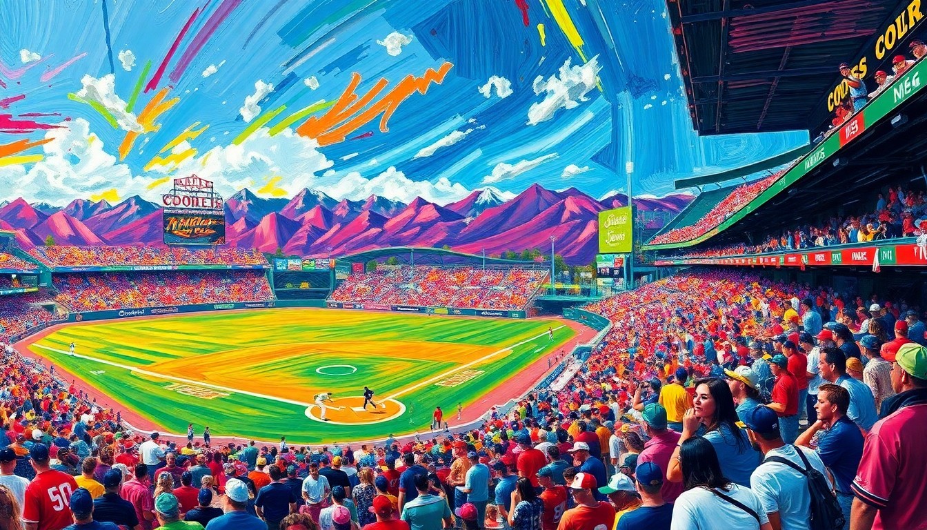 An abstract, expressionist painting in neon colors depicting the energy and excitement of a baseball game, with the Rocky Mountains visible in the background.