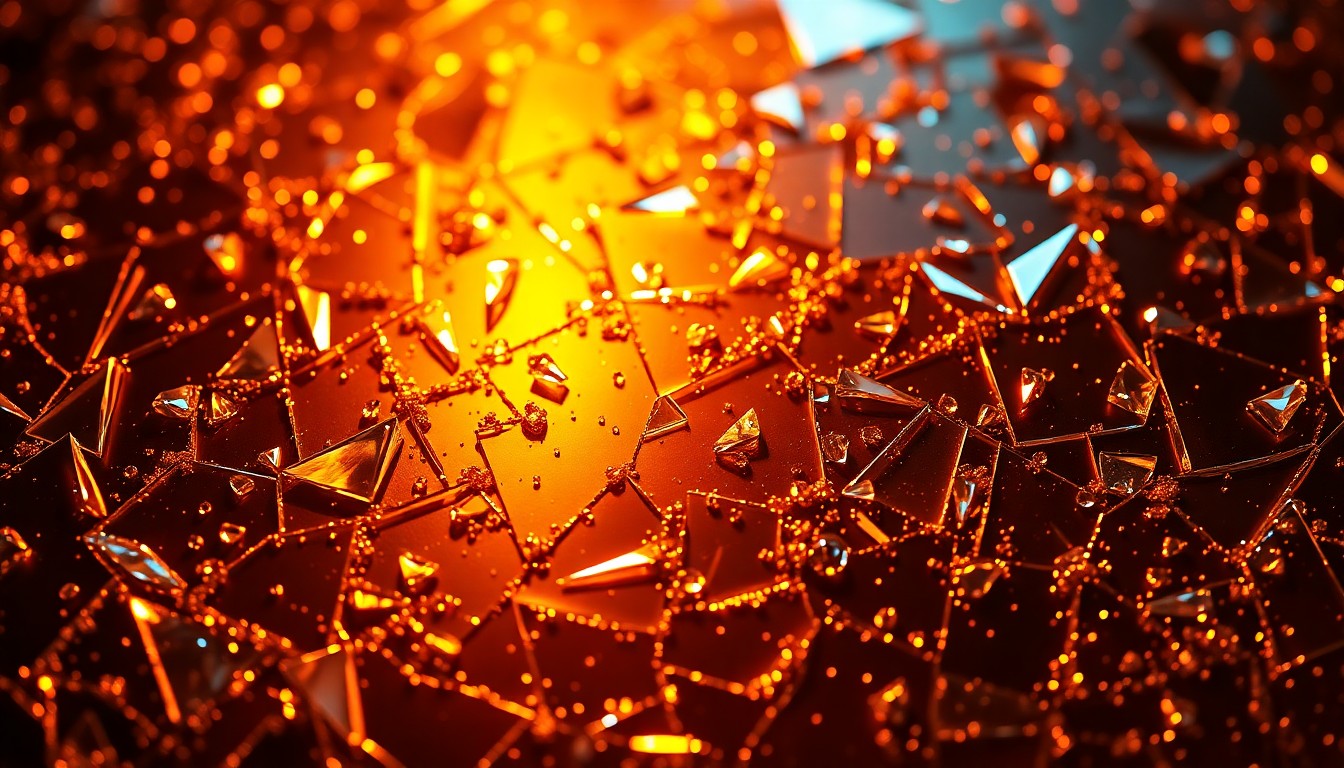 An extreme, abstract close-up photograph of shattered, glittering disco glass reflecting a warm, golden light, conceptually representing the high-stakes emotional drama and visual flair of Ella Langley's 'Choosin' Texas' music video.