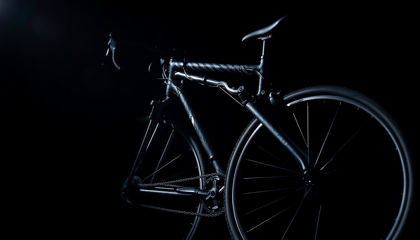 An extreme close-up photograph of a twisted bicycle frame and wheel against a pitch-black background, conveying the stark, gritty aftermath of a fatal crash through dramatic lighting and framing.
