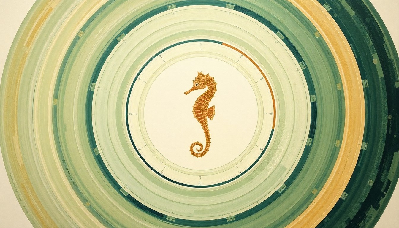 A bold, abstract painting in soft earth tones depicting the intricate life cycle and breeding behaviors of the Pacific seahorse, using sweeping geometric shapes and precise botanical spirals to convey the delicate balance of the marine ecosystem.