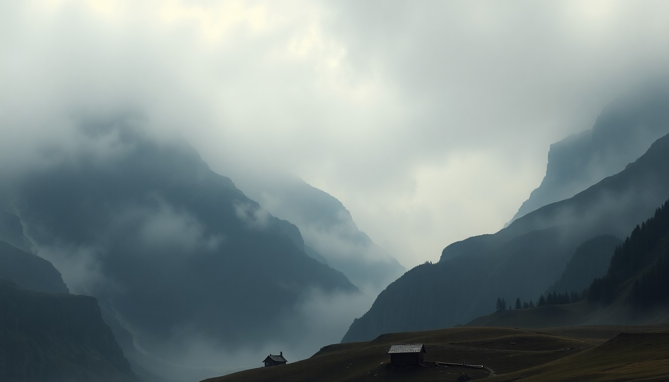 A dramatic landscape painting in muted tones, with a mountain range obscured by thick fog and mist, conveying the overwhelming scale and power of the natural environment in the face of a sudden earthquake.