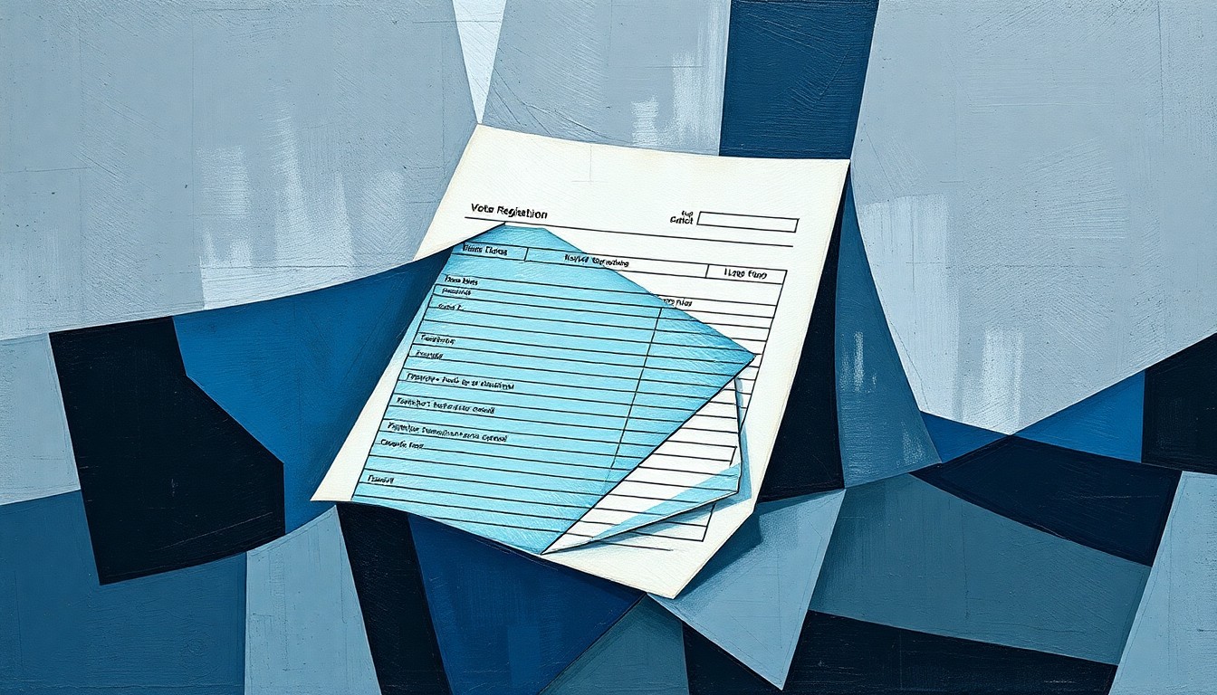 A fractured, abstract painting of overlapping geometric shapes and lines in shades of blue and grey, conceptually representing the bureaucratic process of voter registration and citizenship verification.