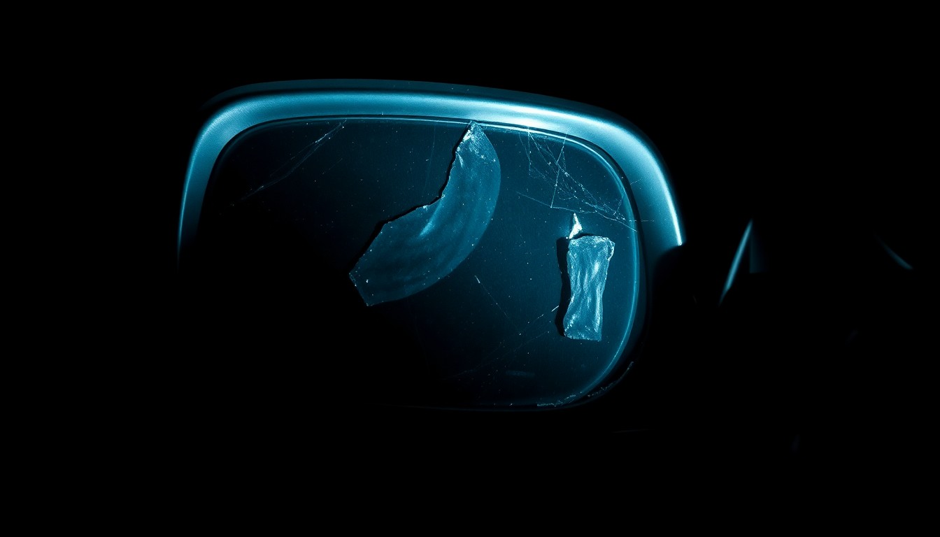 An extreme close-up of a damaged car side mirror, capturing the harsh, gritty aftermath of a violent incident without depicting any actual violence or victims.