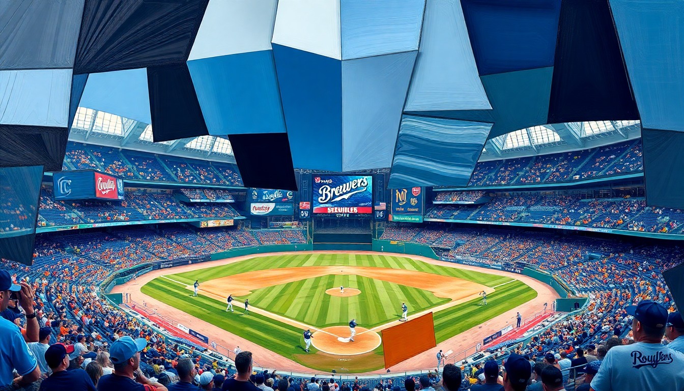 A cubist, geometric painting depicting a baseball game between the Milwaukee Brewers and Kansas City Royals, with the players and field broken down into sharp, overlapping shapes and planes of color.