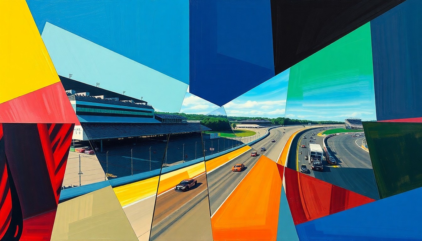 A cubist, geometric painting depicting the Greenville-Pickens Speedway and its racing action broken down into sharp, overlapping planes of color, conveying the historic venue's significance and the community's efforts to protect it.