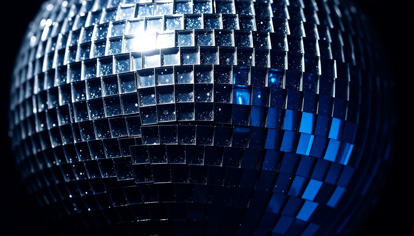 An extreme close-up photograph of a highly reflective, glittering disco ball texture captured in dramatic studio lighting, conveying the vibrant, glamorous energy of the music industry that James Gadson helped shape over his prolific career.