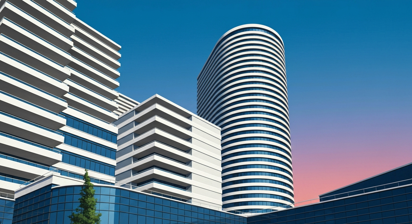 A bold, geometric illustration depicting the grand, streamlined form of a modern hotel building, rendered in smooth, airbrushed gradients and towering forced perspectives, conceptually representing the new Hampton Inn hotel in Clanton.