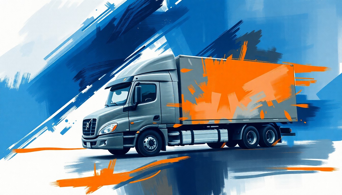 A dynamic, fragmented painting depicting the overlapping, blurred silhouette of a commercial truck in motion, rendered in bold, geometric brushstrokes of deep blue, charcoal gray, and bright orange, conveying a sense of speed and disruption.