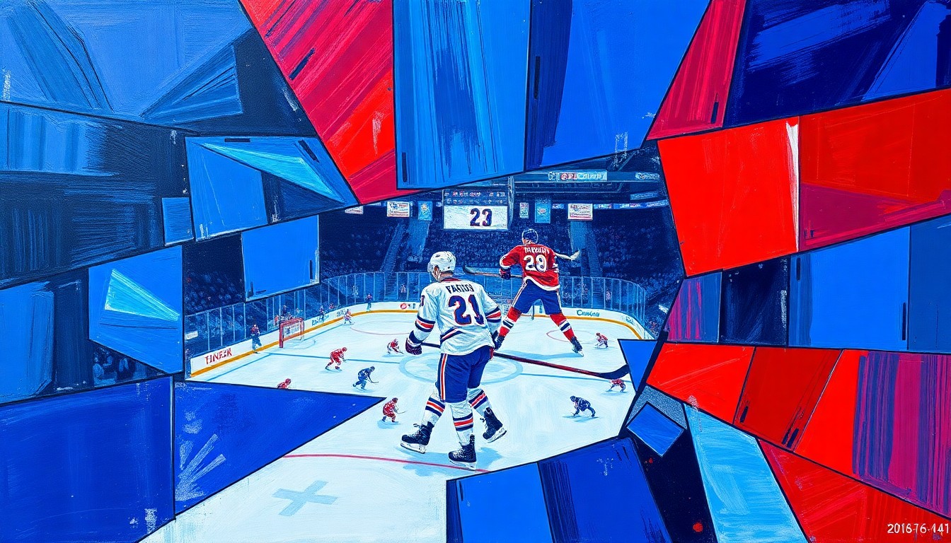 A cubist, geometric painting depicting a hockey game or match involving the New York Rangers, with sharp, overlapping planes of blue, red, and navy colors representing the dynamic action on the ice.