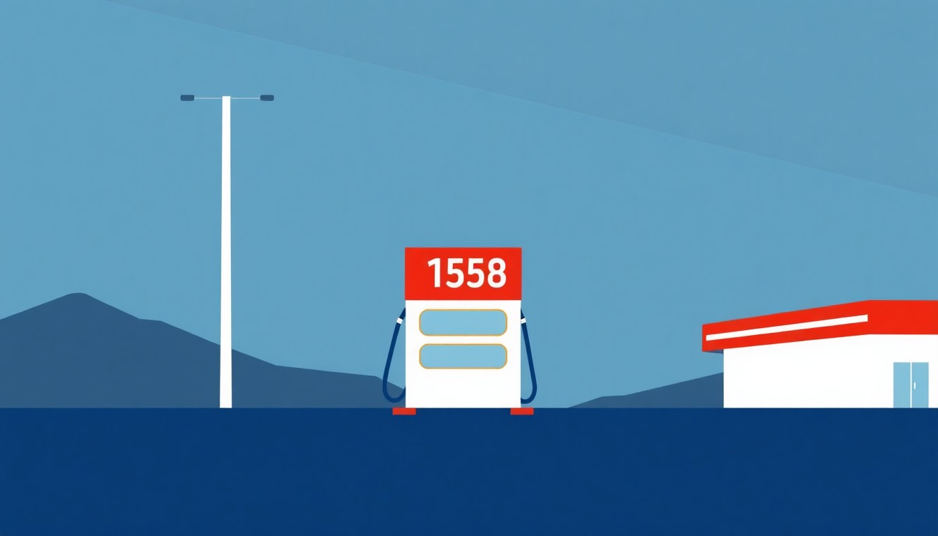 A geometric abstract illustration composed of overlapping triangles and circles in shades of red, blue, and yellow, conceptually representing the rising cost of gasoline in Las Vegas.
