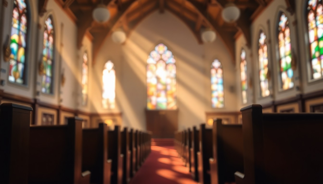 An extremely abstracted, out-of-focus photograph of the interior of a church, with soft pools of warm light and color dancing across the wooden pews, conceptually representing the restoration of the church's historic stained glass windows.