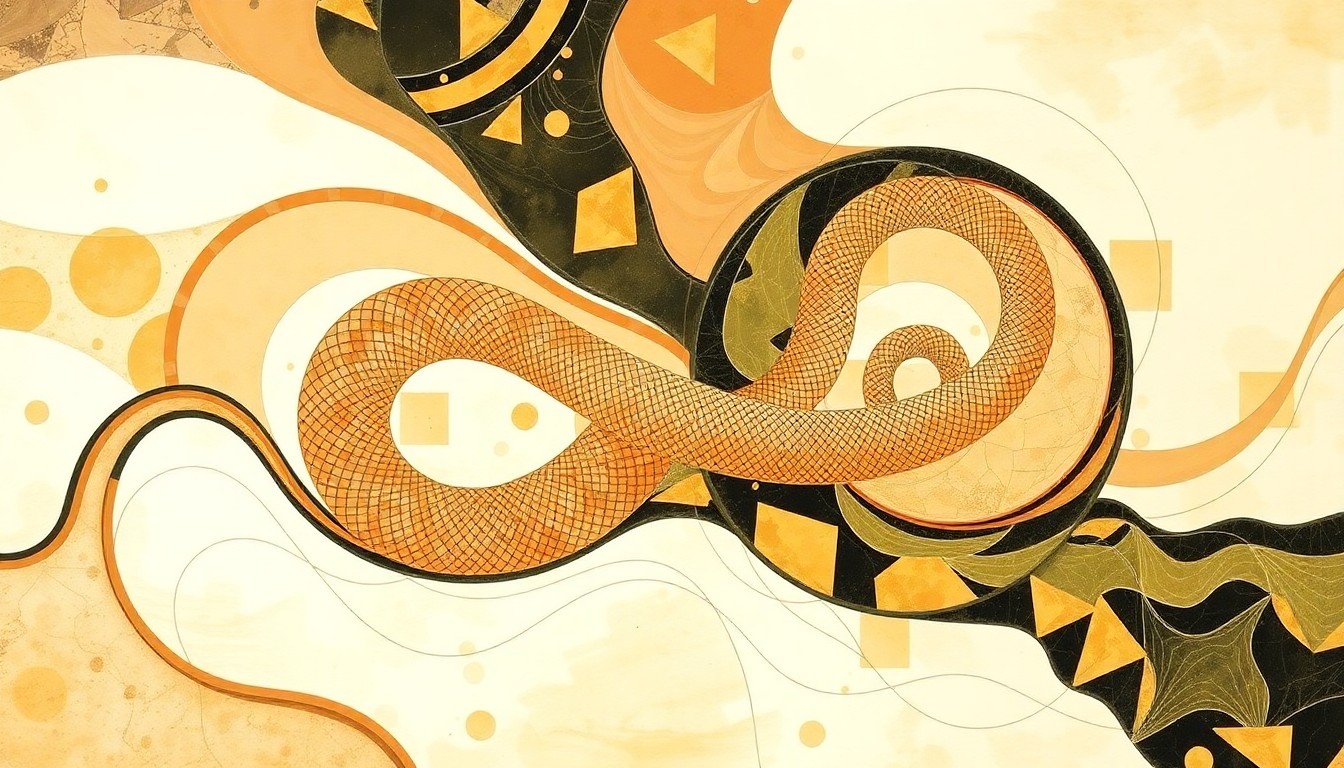 A highly textured abstract painting in earthy greens, browns, and blues, featuring sweeping geometric shapes and precise botanical spirals, conceptually representing the complex biological structures and evolutionary forces that allow the Philippine pit viper to thrive.