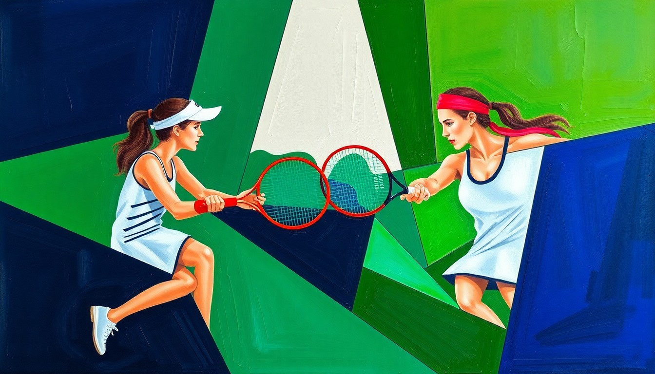 A cubist, geometric painting depicting the dynamic tennis match between Jessica Pegula and Diana Shnaider, with sharp, overlapping planes of color representing the intensity and back-and-forth nature of the quarterfinal clash.