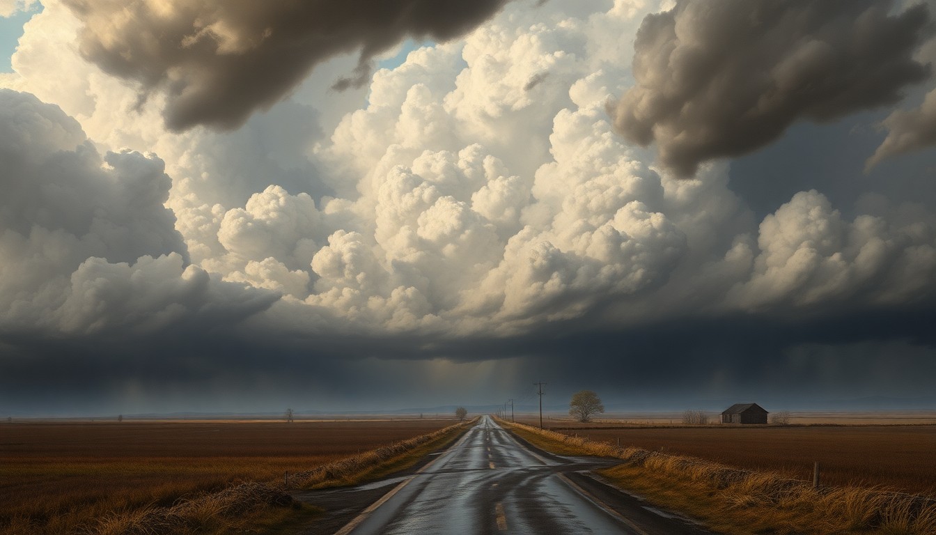 A sweeping landscape painting in muted tones of gray, blue, and green, depicting a flooded rural road surrounded by towering storm clouds. The scene conveys a sense of the overwhelming power and scale of the natural forces at play, with the physical structures and objects dwarfed by the dramatic atmospheric conditions.