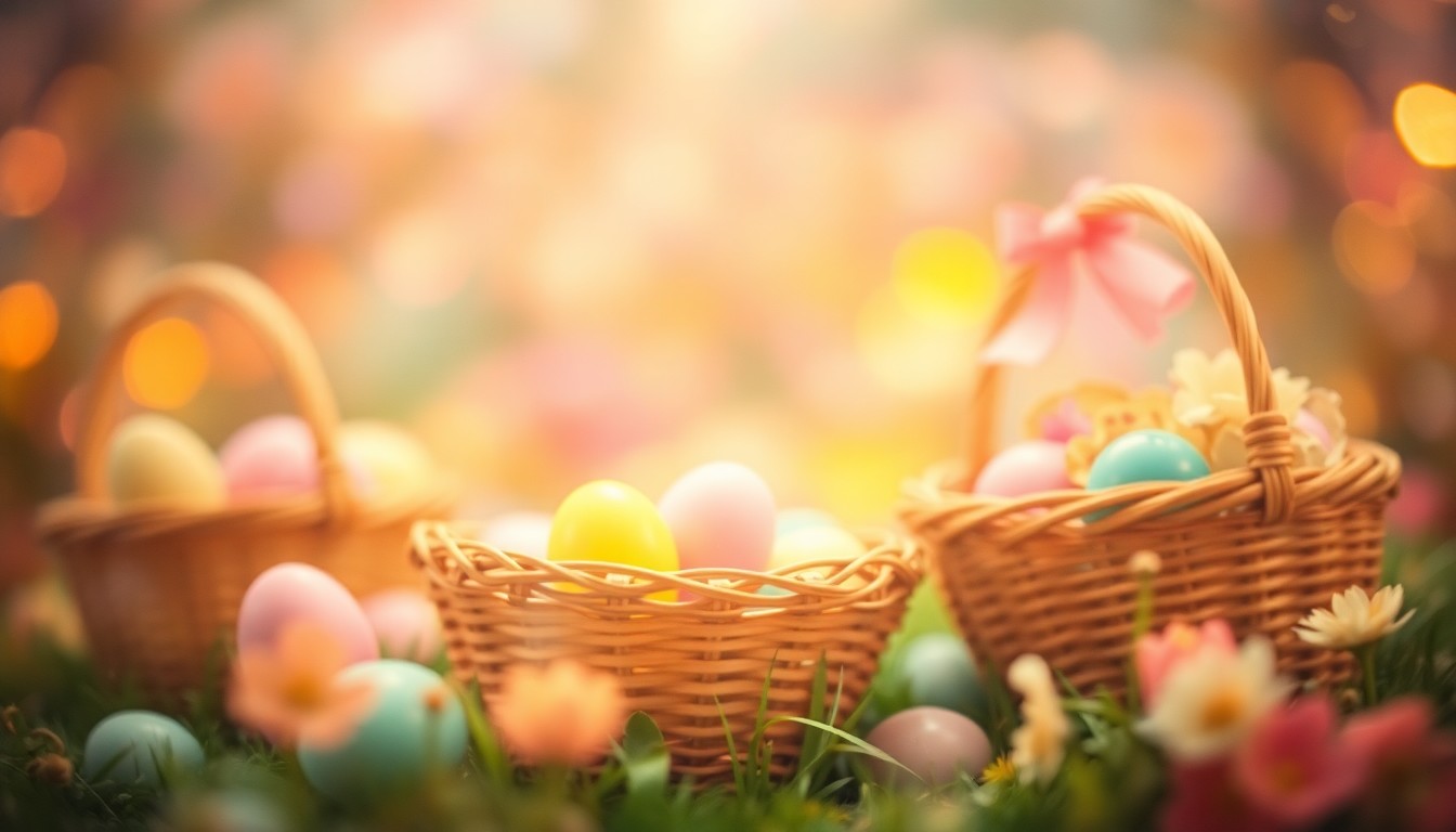 An abstract, impressionistic photograph of blurred, colorful shapes and forms representing Easter baskets, eggs, and spring flowers, conveying a sense of joy and celebration.