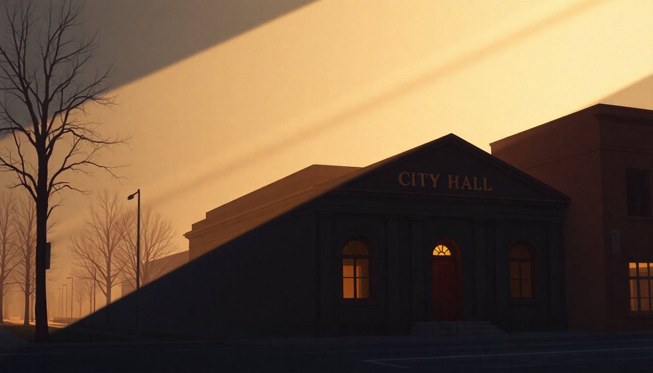 A serene, cinematic painting of a government building in warm, golden light, conveying a sense of quiet contemplation and the complexities of serving a diverse community.