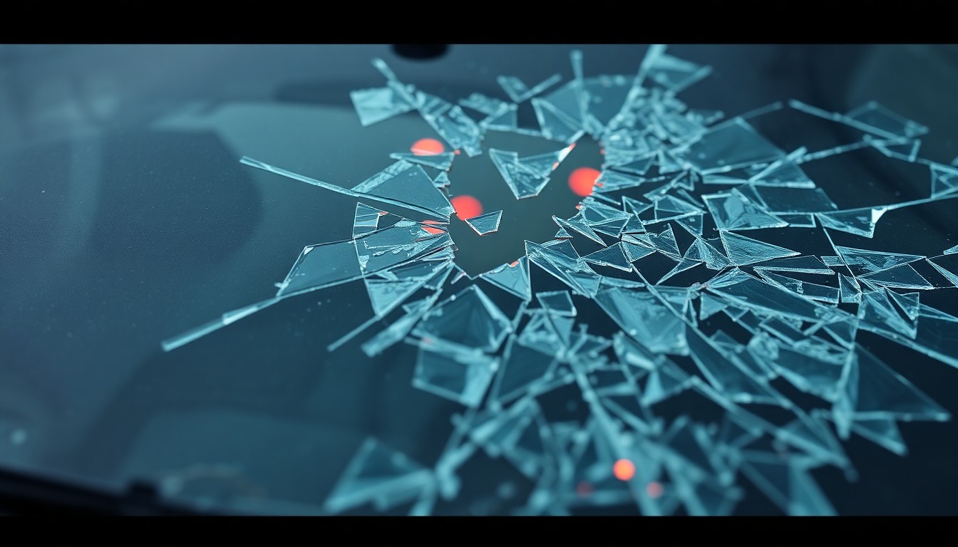 An extreme close-up photograph of a shattered car windshield, the glass reflecting a faint red light, conceptually illustrating the aftermath of a violent domestic incident.
