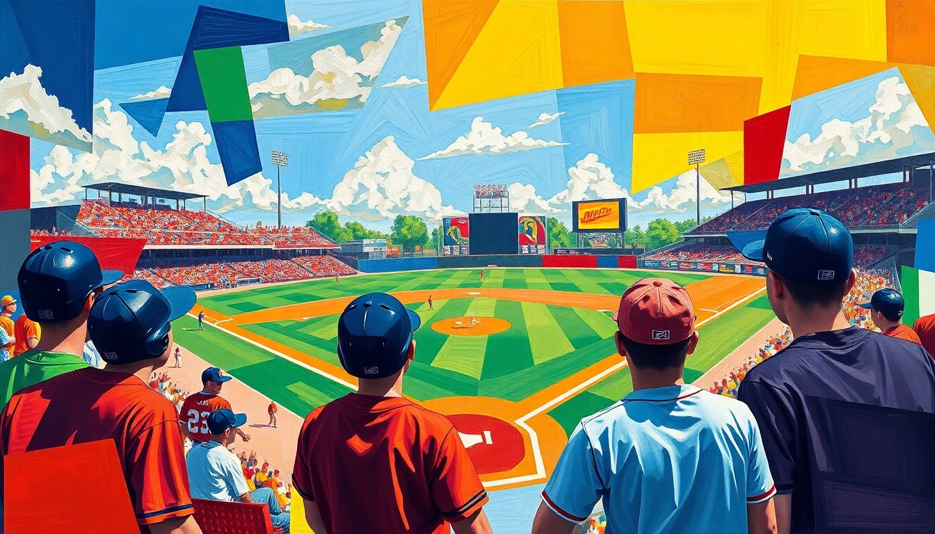 A fragmented, geometric painting in bold colors depicting the motion and energy of a high school baseball game, with no recognizable figures or details.