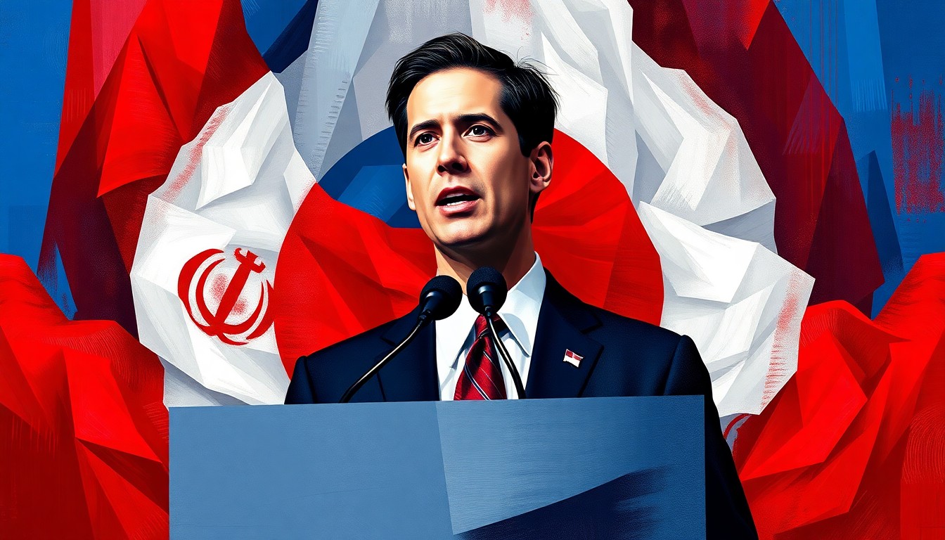 A fractured, abstract painting featuring overlapping geometric shapes and waves of red, white, and blue colors, conceptually representing the political tensions and divided opinions surrounding Marco Rubio's prominent role in the administration's messaging on the Iran conflict.