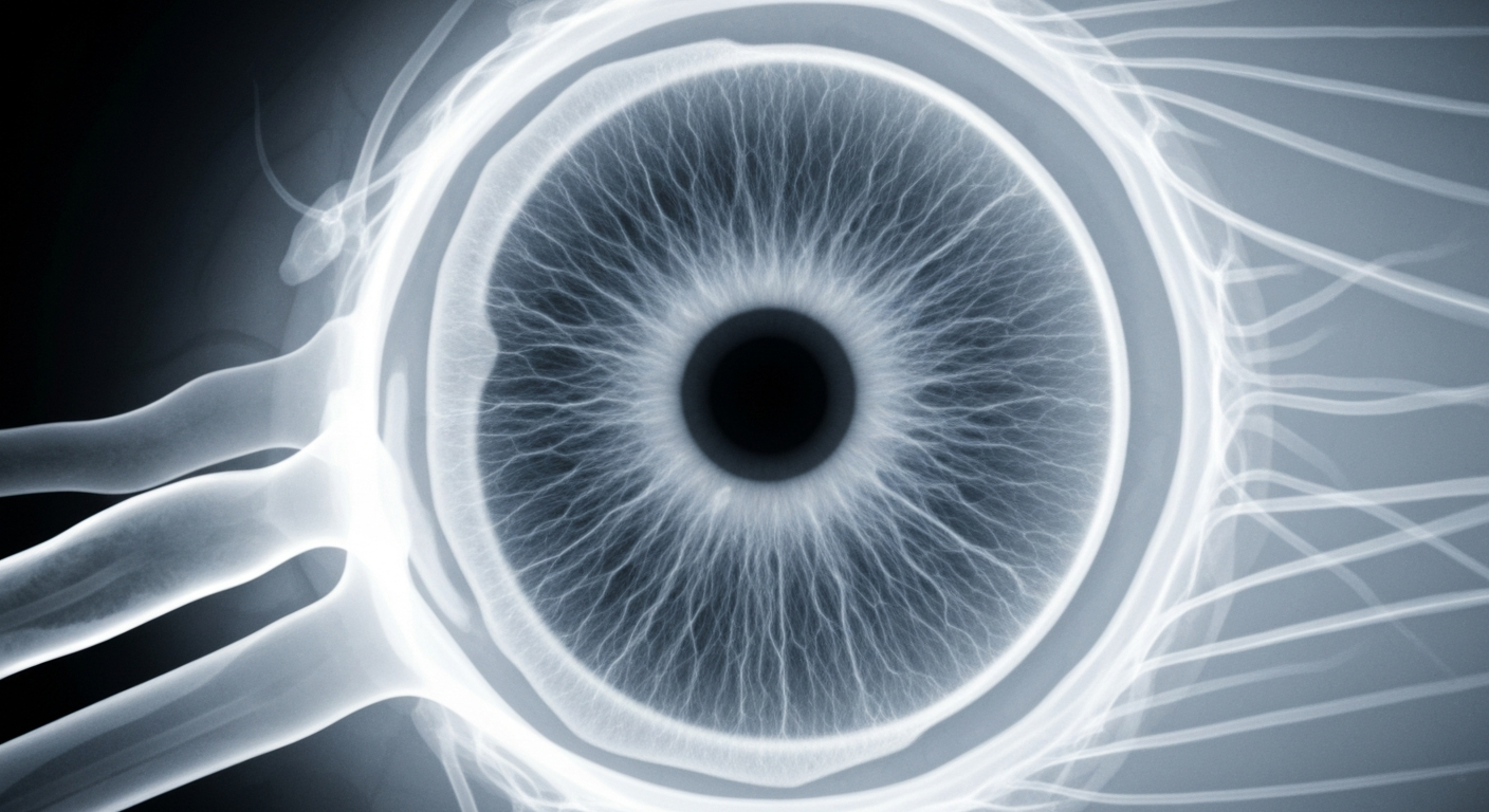 A highly detailed, translucent X-ray photograph revealing the intricate internal structure of a human eye, conveying the clinical precision and advanced technology involved in evaluating LASIK candidacy.