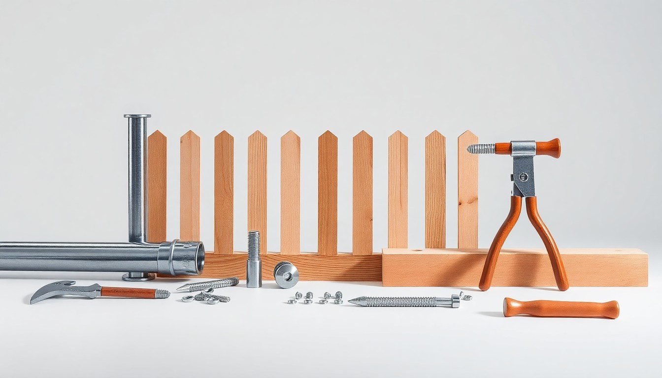 A minimalist, photorealistic studio still life featuring a set of fencing materials and tools, including metal posts, wooden planks, and specialized fasteners, arranged elegantly on a clean, monochromatic background to symbolize the precision and craftsmanship involved in residential fence installation.