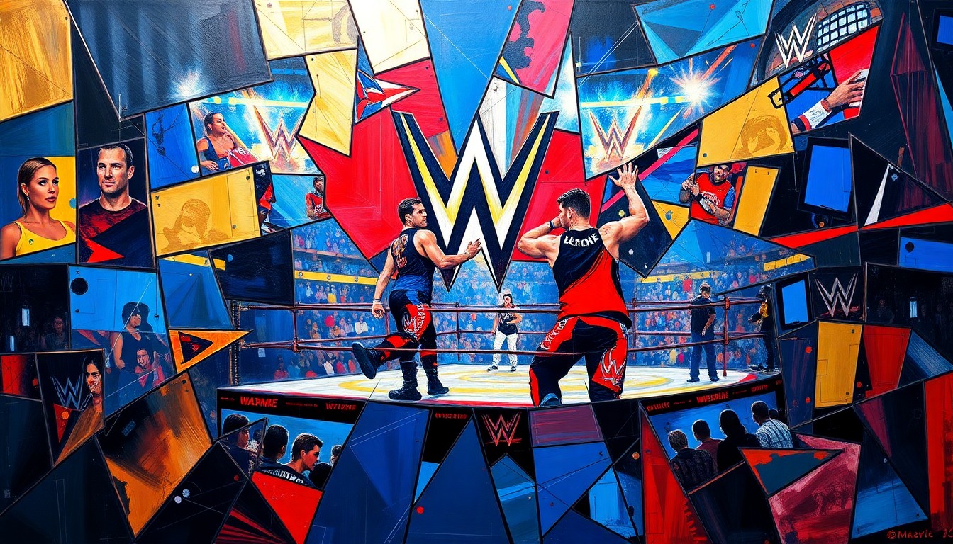 A fragmented, geometric painting in bold colors depicting the action and intensity of a WWE wrestling match or WrestleMania event, with no recognizable figures or text.
