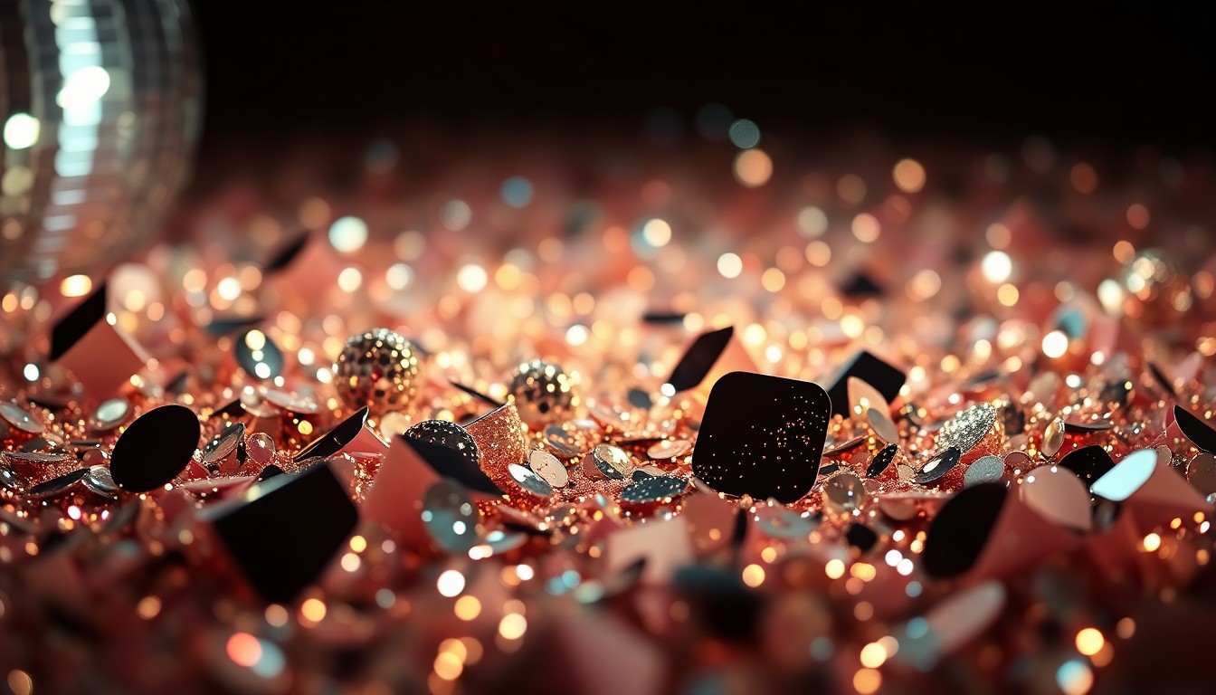 An abstract close-up image of shimmering sequins and glittering disco ball fragments, captured in dramatic high-contrast studio lighting to convey the glamour and high-stakes drama of the 'XO, Kitty' series.