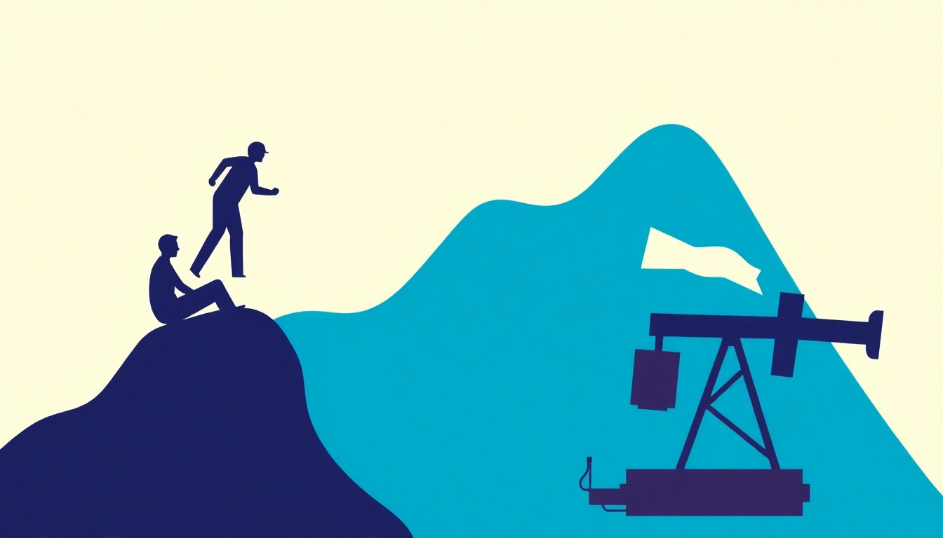 An abstract illustration using simple geometric shapes and primary colors to convey the economic concepts of job growth, unemployment, and the impact of an oil shock, without any text or literal depictions.