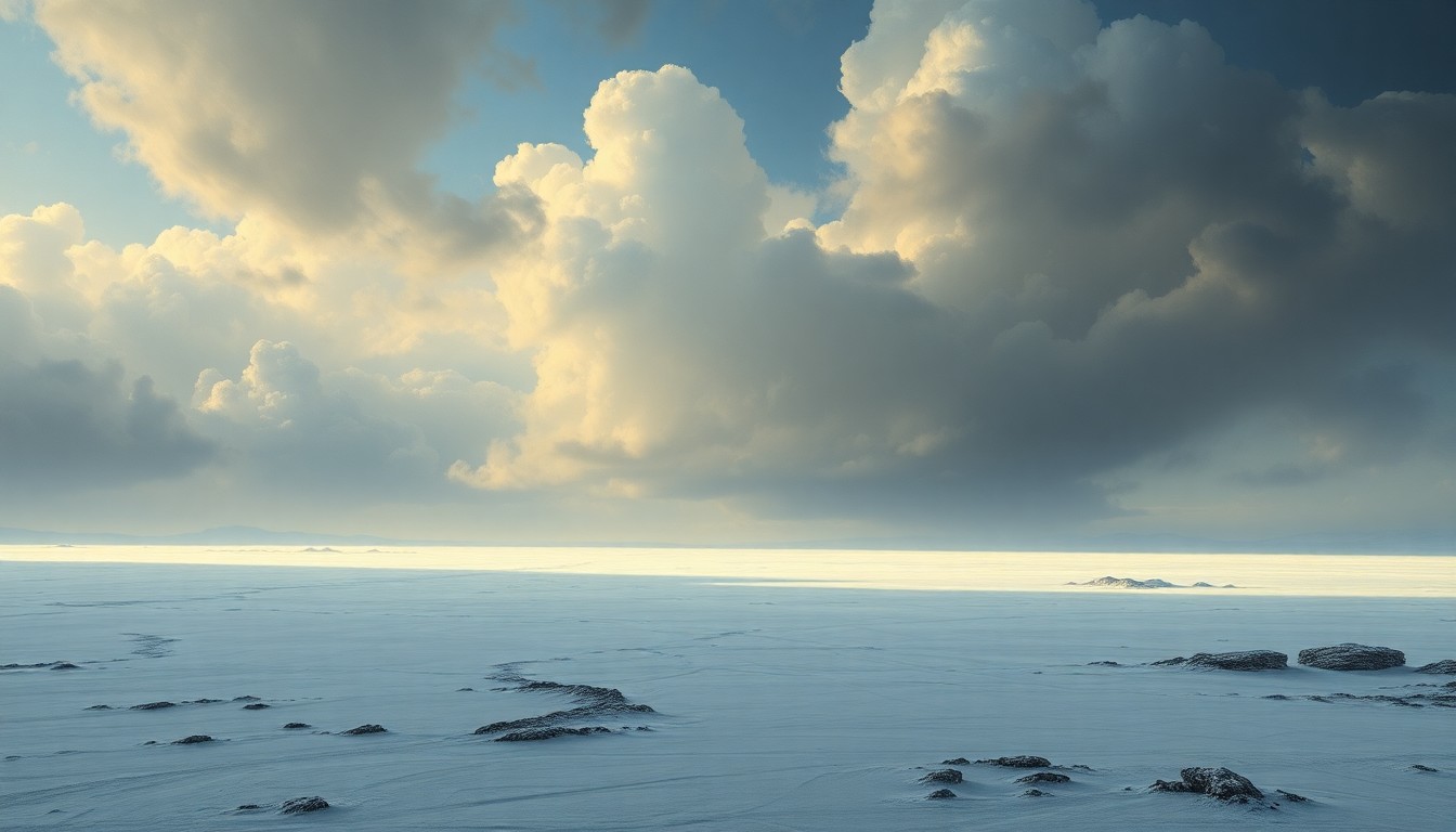 A sweeping, atmospheric landscape painting in muted tones of grey, white, and blue, capturing the overwhelming scale and power of a harsh winter storm enveloping the region.