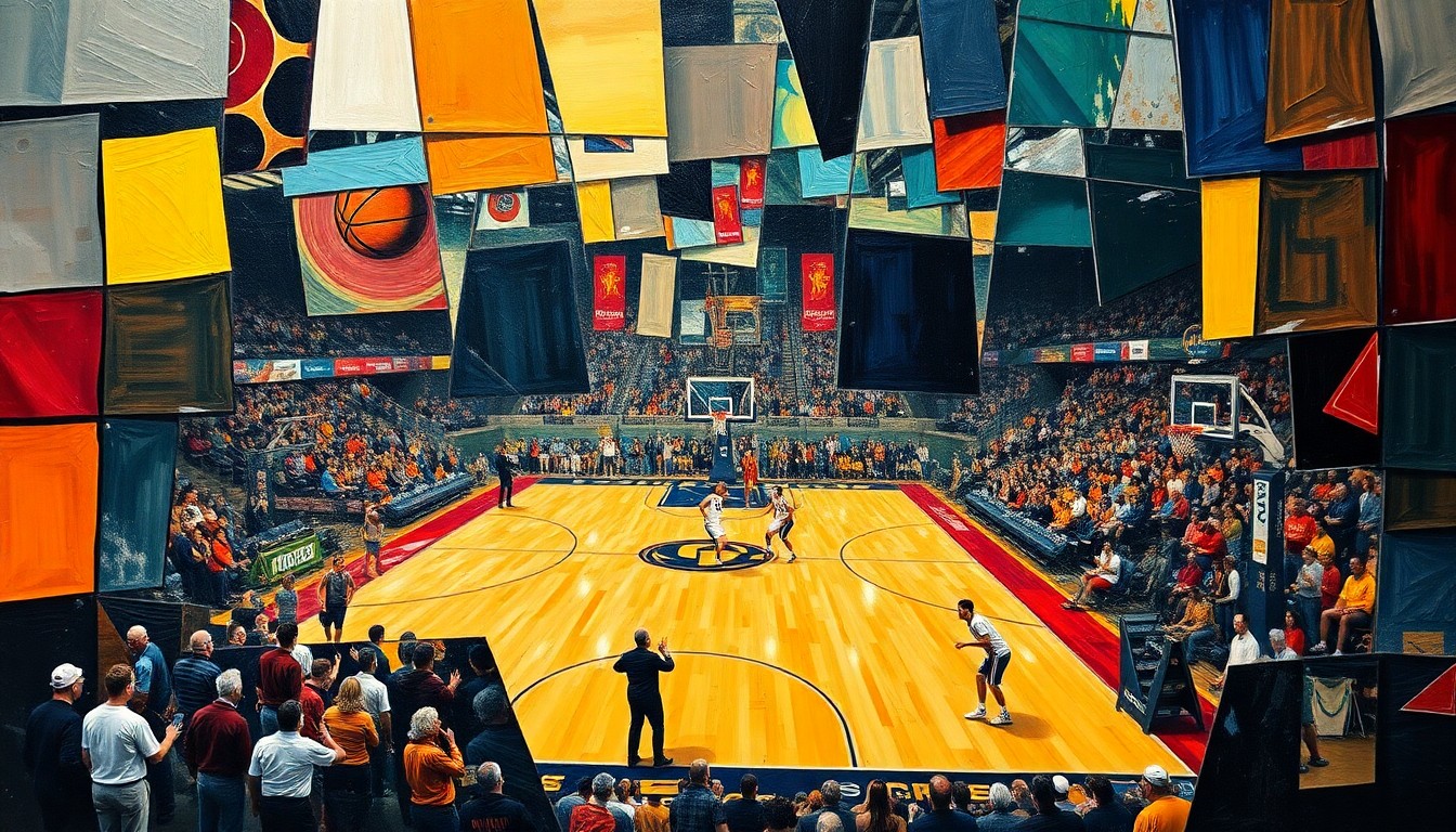 A cubist, geometric painting depicting the action of a college basketball game, with the players and court broken down into sharp, overlapping shapes and planes, capturing the physicality and intensity of the sport's new era of dominant big men.