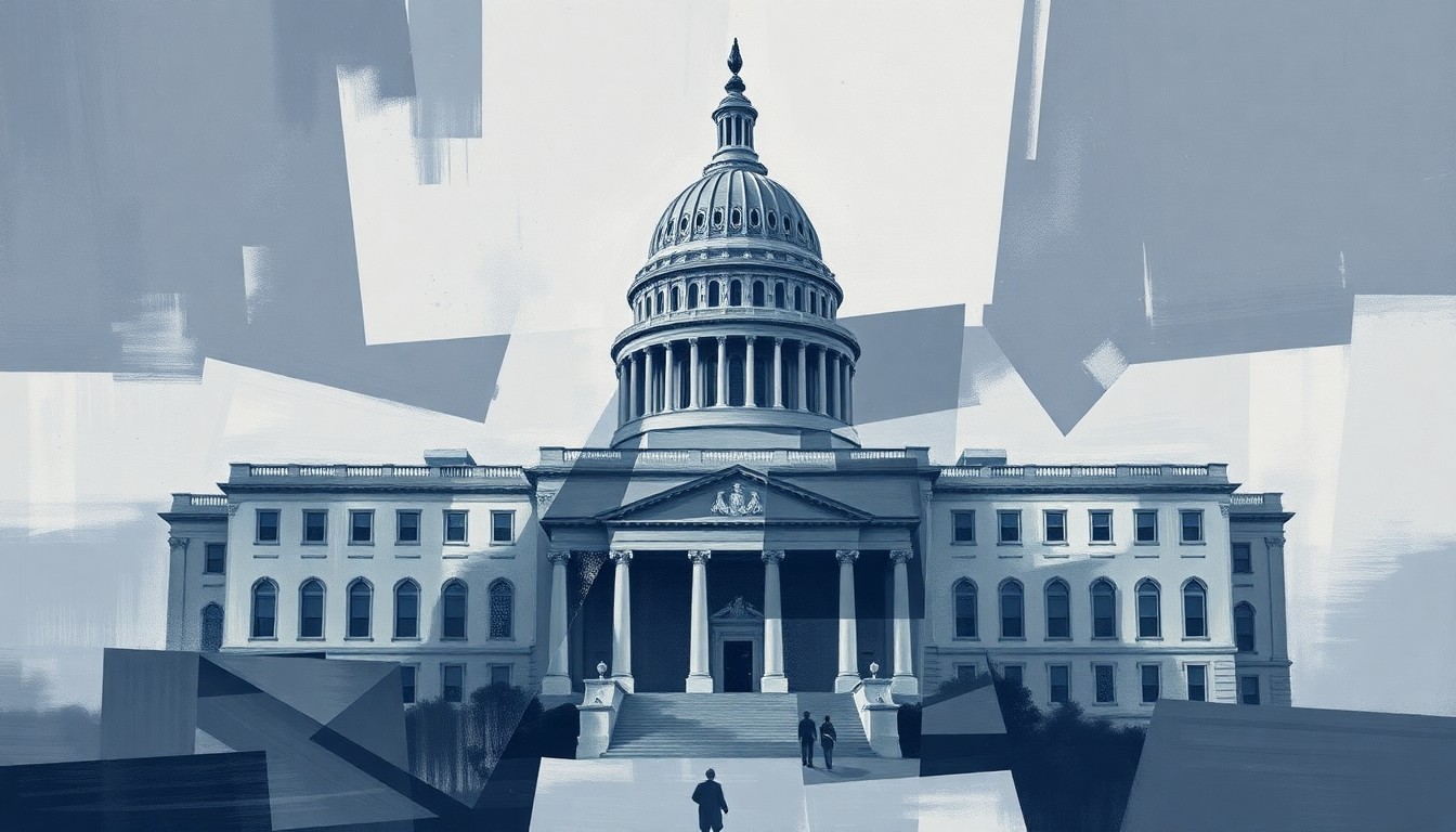 A dynamic, abstract painting featuring overlapping, fragmented shapes in shades of gray and navy blue, conveying a sense of political tension and unrest surrounding government operations.