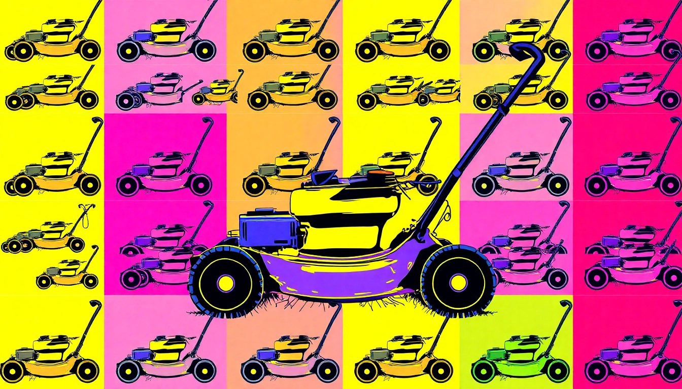 A brightly colored, high-contrast silkscreen print of a single lawn mower icon repeated in a grid, capturing the everyday tool as a modern pop art subject.