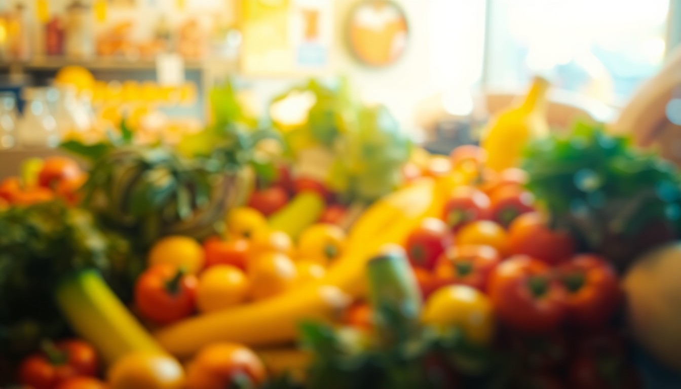 An abstract, impressionistic photograph of a vibrant display of fresh produce, captured through a hazy, out-of-focus lens in a warm, dreamlike palette of colors.