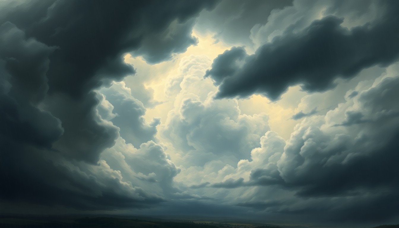 A sweeping, atmospheric landscape painting in muted blues, grays, and whites, depicting a turbulent sky filled with dramatic, swirling clouds and heavy rain obscuring the horizon, conveying a sense of the overwhelming, sublime power of nature.