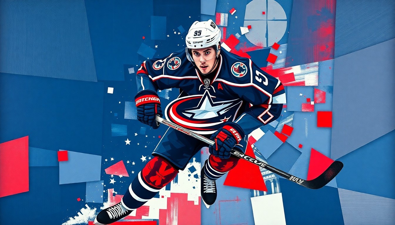 A cubist, geometric painting depicting a hockey defenseman in action, with sharp, overlapping planes of navy blue, red, and white representing the official colors of the Columbus Blue Jackets.