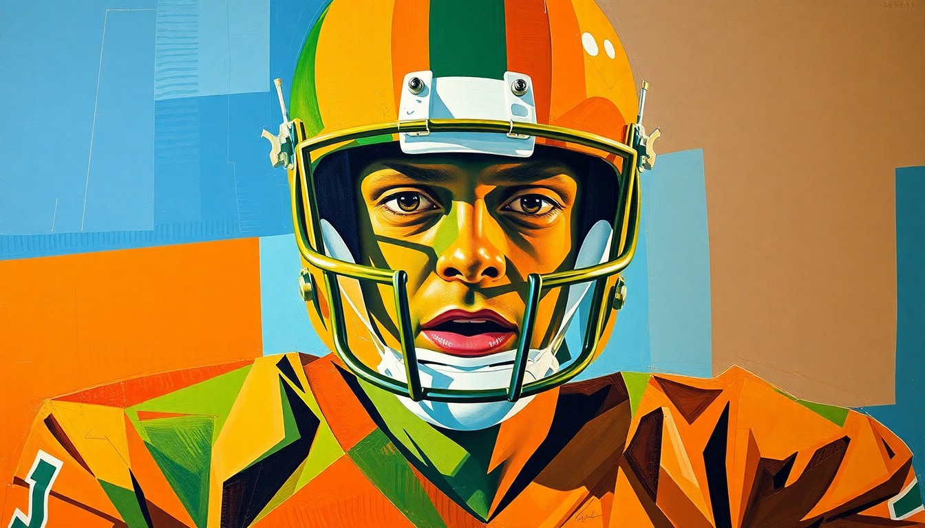 A fragmented, cubist-style painting depicting the silhouette of a football quarterback broken down into sharp, overlapping geometric shapes in vibrant orange, green, and blue hues.