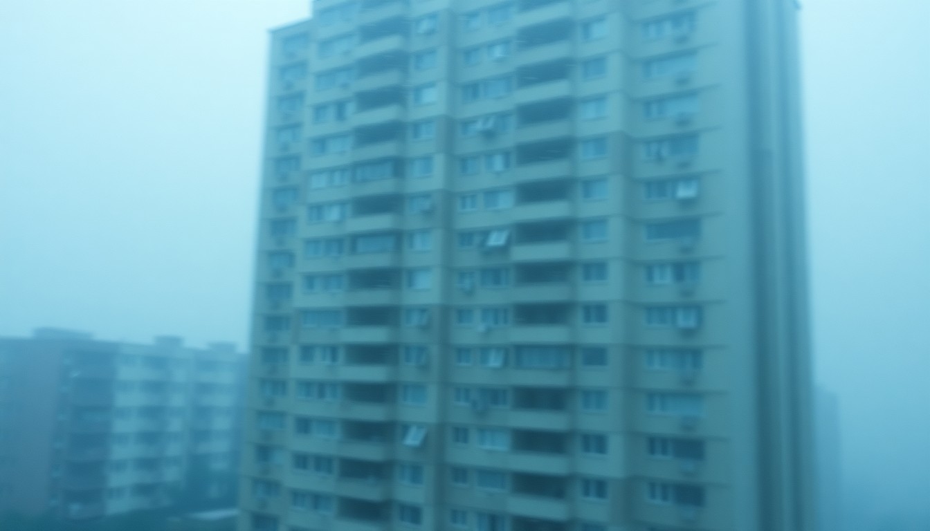 An abstract, impressionistic photograph showing the blurred outline of a tall, aging public housing building in muted tones, conveying a sense of uncertainty and transition.