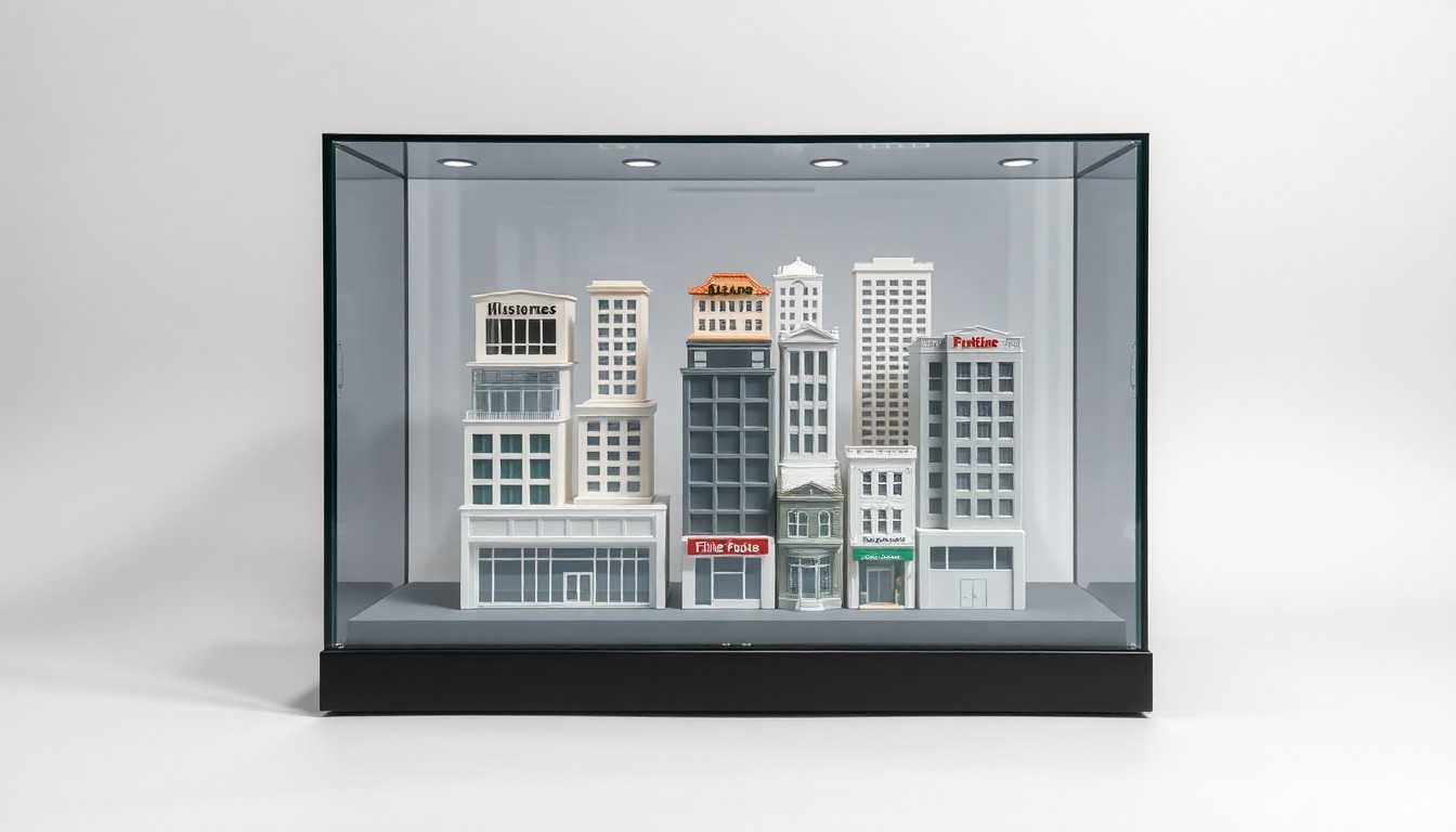A highly polished, minimalist studio photograph featuring a glass display case filled with miniature models of various commercial buildings, representing the abstract concepts of real estate investment and the changing landscape of local commerce.
