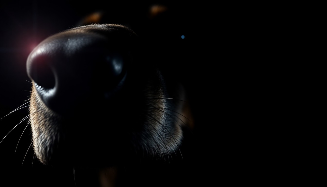 An extreme close-up photograph of a narcotics detection K9's nose and muzzle, lit by a harsh, direct camera flash against a pitch-black background, conceptually illustrating the dog's intense focus and the gritty, investigative nature of its work.