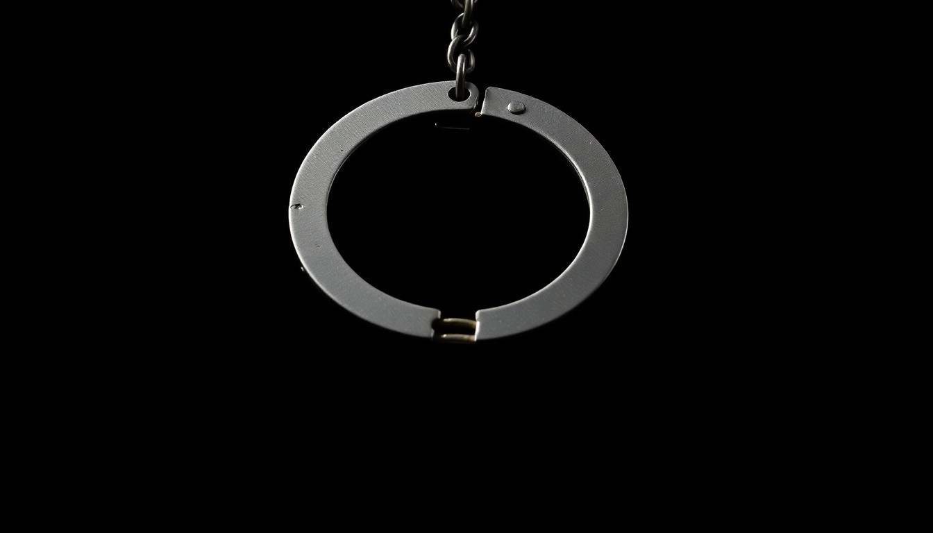 An extreme close-up photograph of a single handcuff against a pitch-black background, the metal surface reflecting the harsh light of the camera flash in a stark, gritty visual style.
