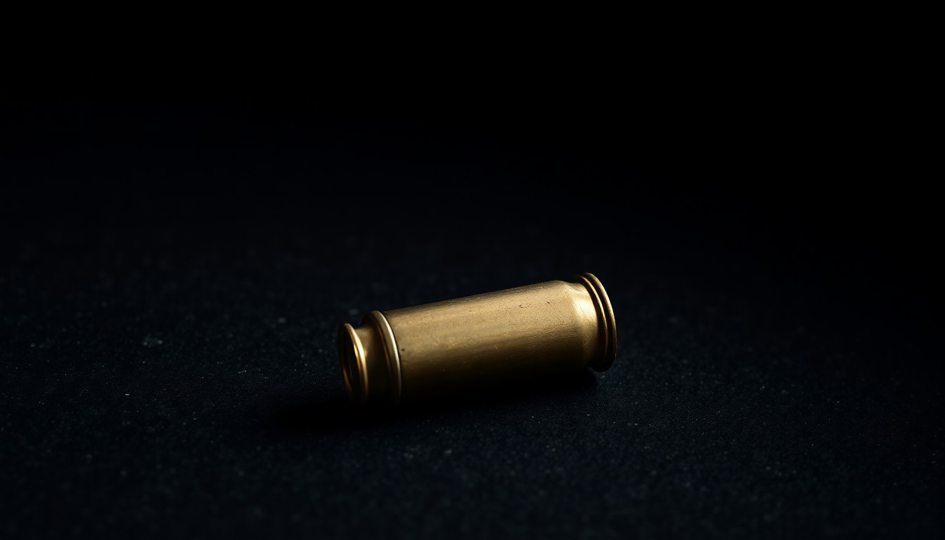 An extreme close-up of a single spent shell casing on a dark, textured surface, reflecting a harsh, direct camera flash, conceptually illustrating the aftermath of a shooting incident.