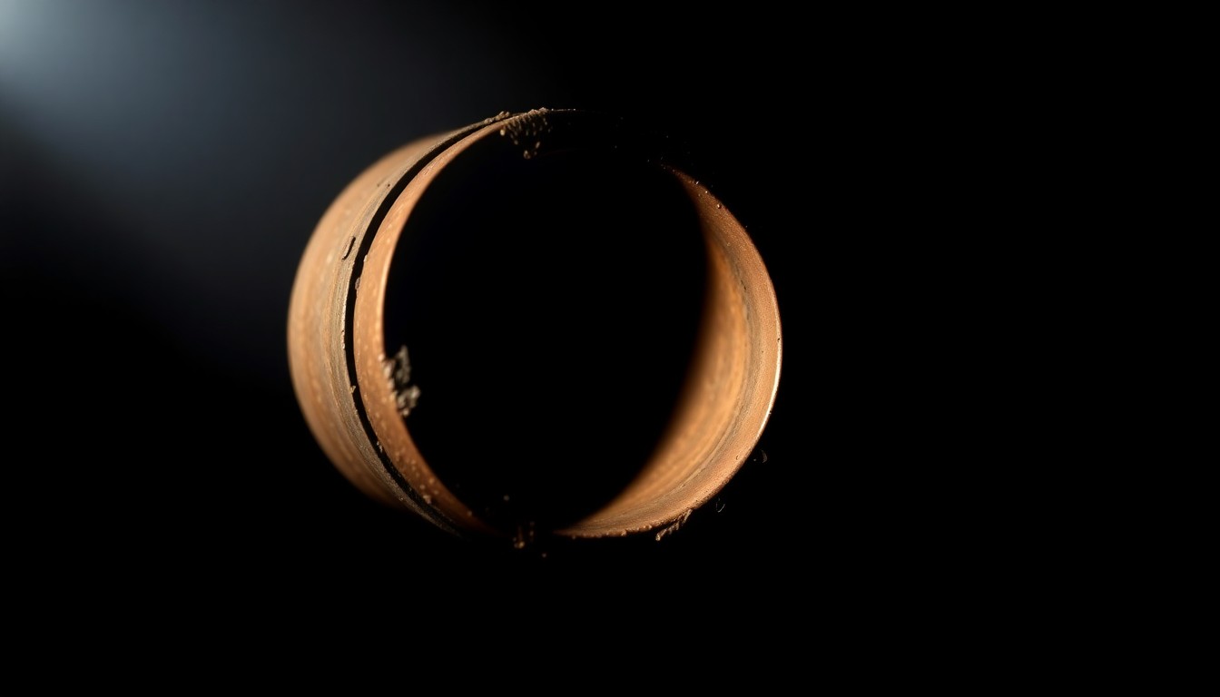 An extreme close-up photograph of a damaged copper irrigation pipe fitting, the harsh flash illuminating the gritty, industrial texture of the metal against a dark void, conceptually representing the targeted theft and destruction of critical agricultural infrastructure.