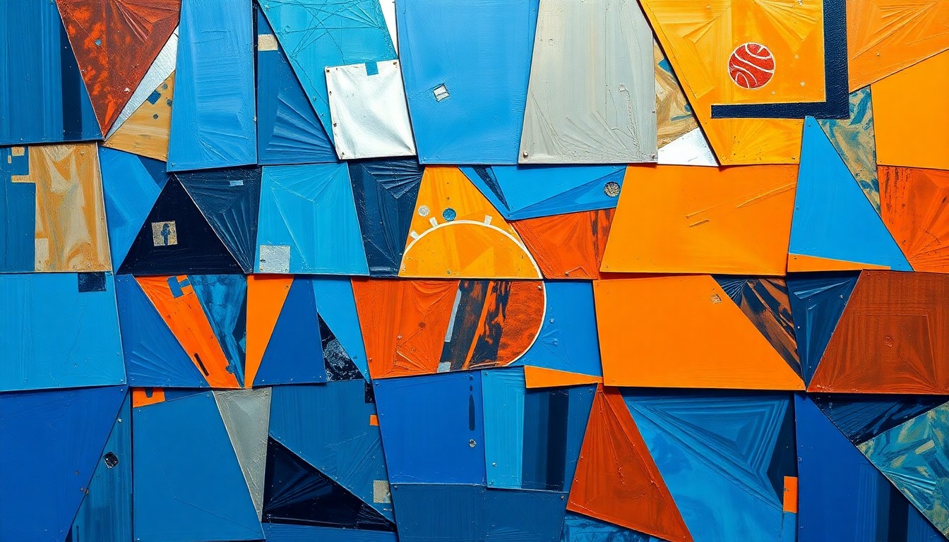 A fragmented, cubist-style painting depicting a basketball game, with sharp geometric shapes in bright blue, orange, and metallic silver tones, conveying the dynamic nature of sports betting.