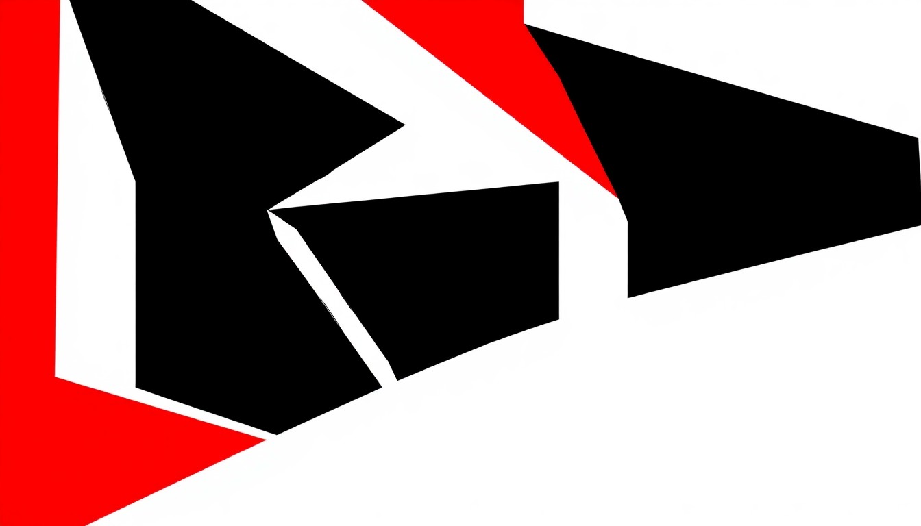 An abstract, minimalist composition of jagged, geometric shapes in bold red and white, conceptually representing the intentional, refined nature of the EXPO Chicago art fair.