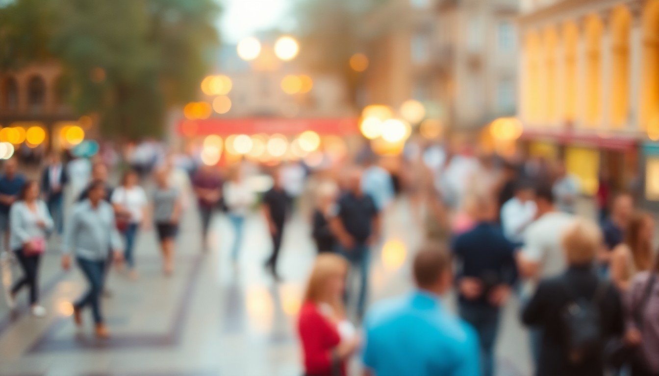 An extremely abstracted, out-of-focus photograph in warm tones showing the blurred silhouettes of people gathered in a public plaza or park, with soft pools of light and color creating a sense of community and connection.