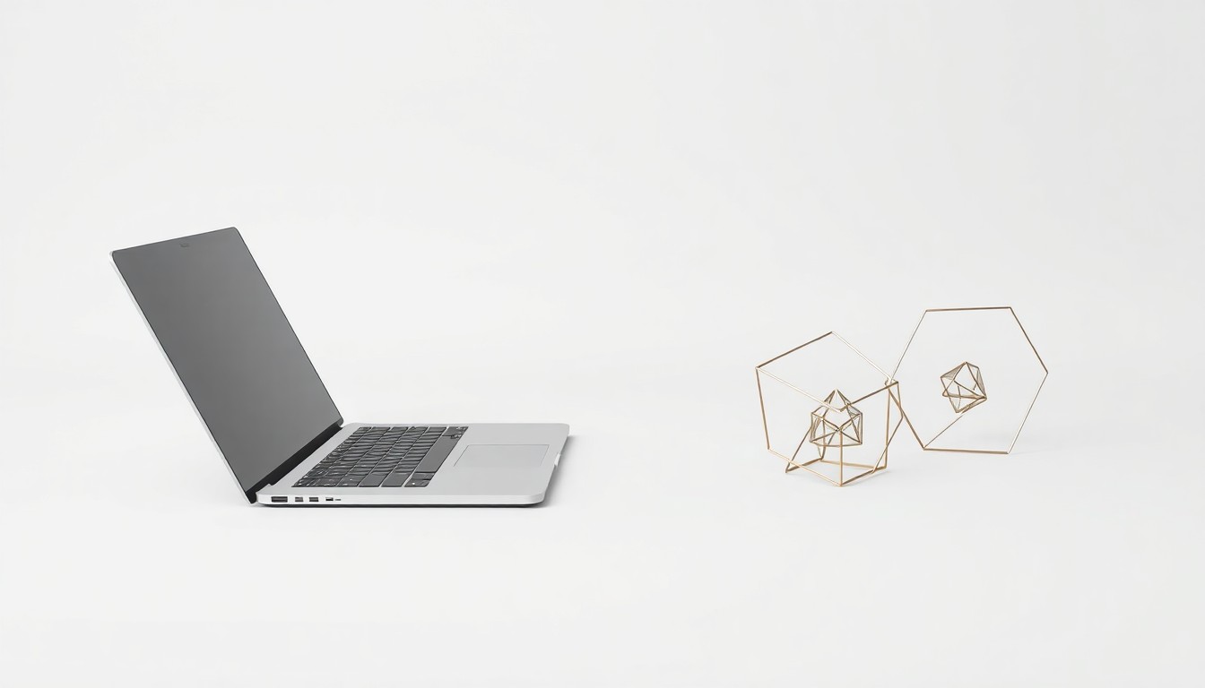 A photorealistic studio still life featuring a sleek laptop, a stylized wireframe model, and geometric shapes made of polished metal and glass, representing the abstract concepts of software development and the hiring process.