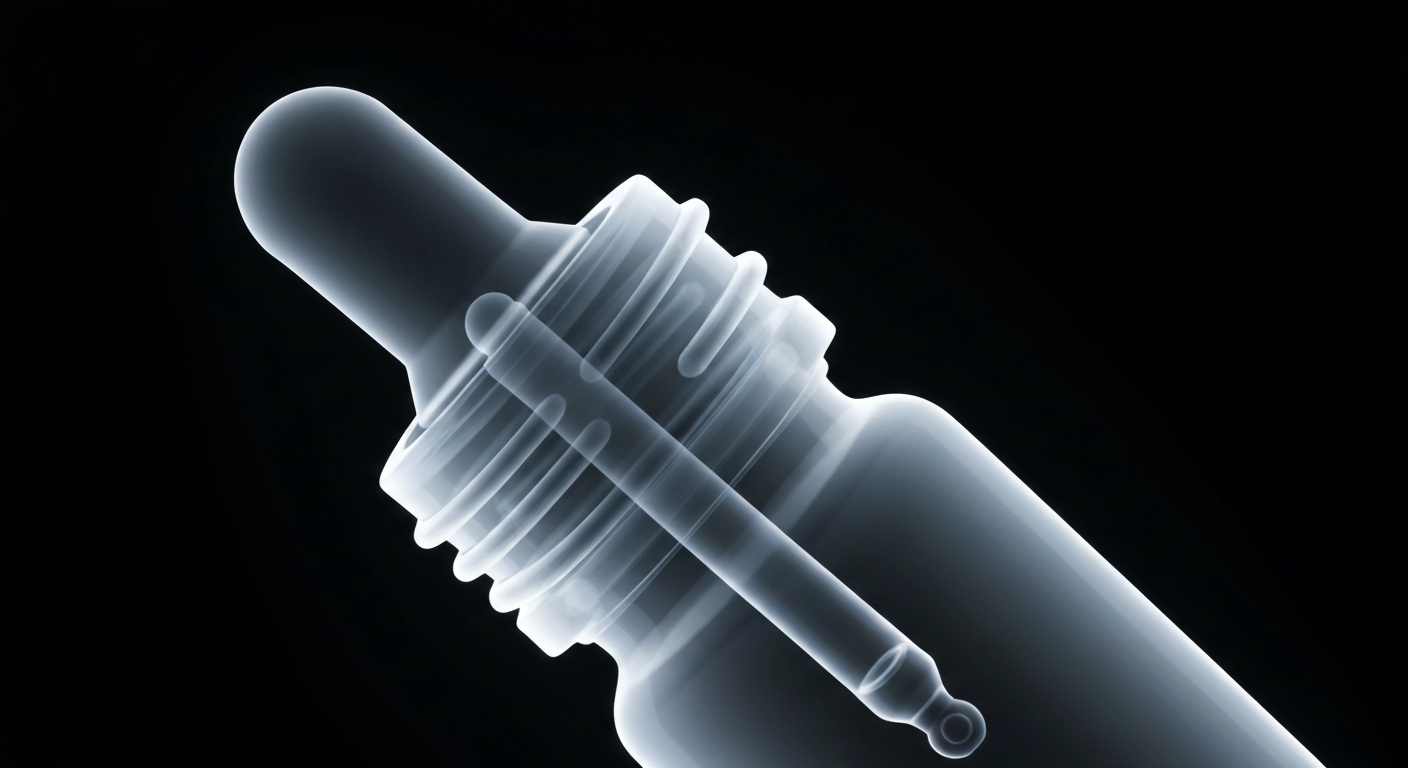 An extreme close-up X-ray photograph showing the translucent, ghostly outline of an eye dropper mechanism inside a bottle, conveying the internal structure and sterility concerns behind the product recall.
