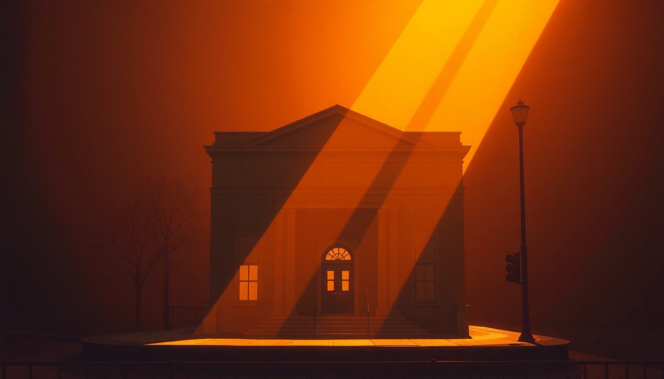 A serene, photorealistic painting of a stately city hall building in warm, golden light, conveying a sense of civic duty and local government efficiency.