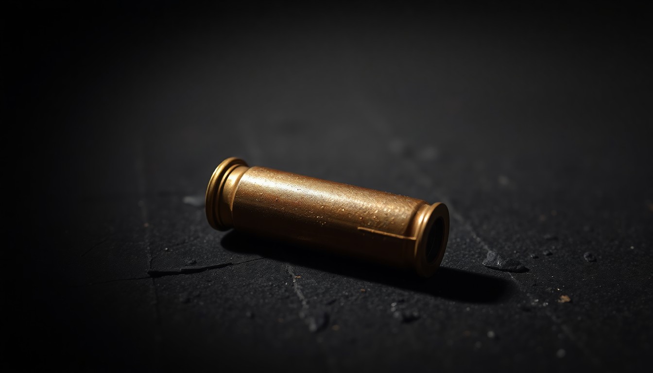 An extreme close-up of a spent shell casing on a dark, textured surface, lit by a harsh, direct camera flash, creating a stark, gritty, investigative aesthetic.